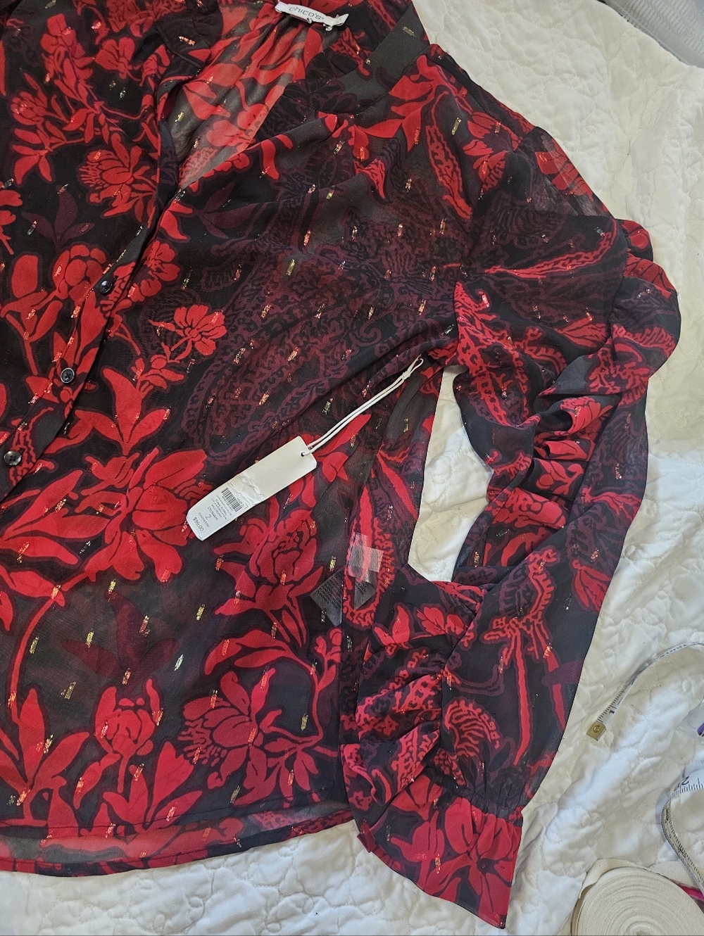Chicos Sheer Red Black Floral Ruffled Blouse NWT 2 - Picture 7 of 16